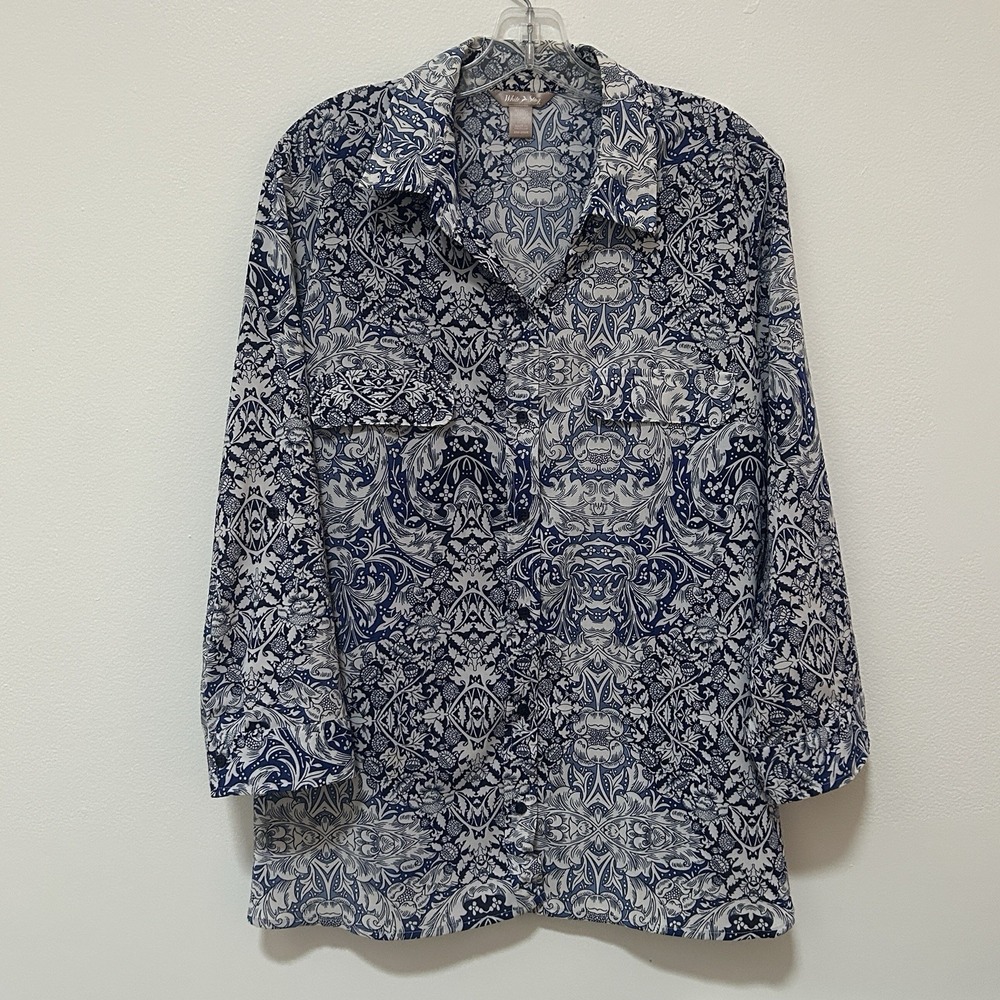 White Stag Blue Floral Boho Button Up 3/4 Sleeve Blouse Womens XL Chic